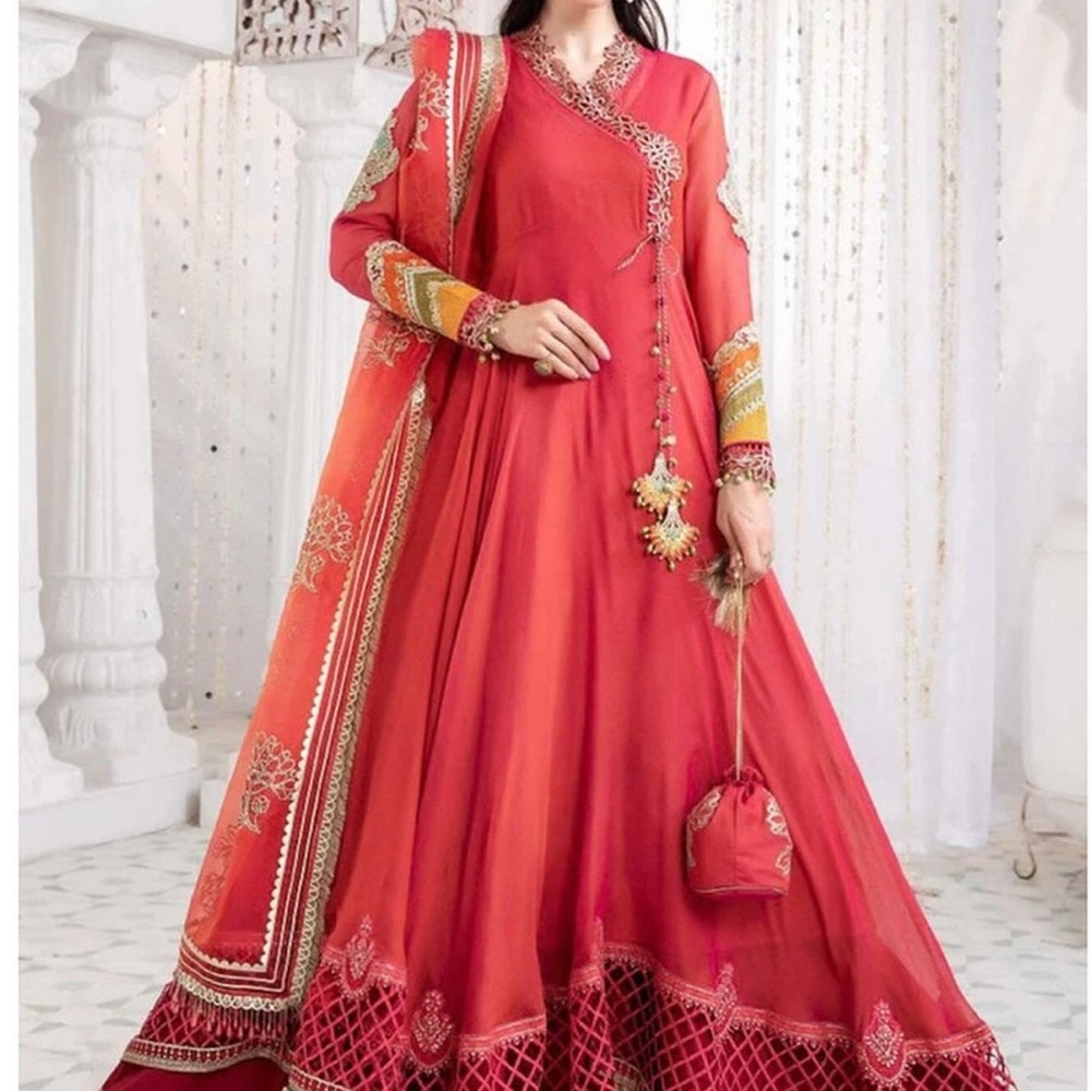 Maria B embroidered full sleeved maxi with embellished dupatta and long skirt